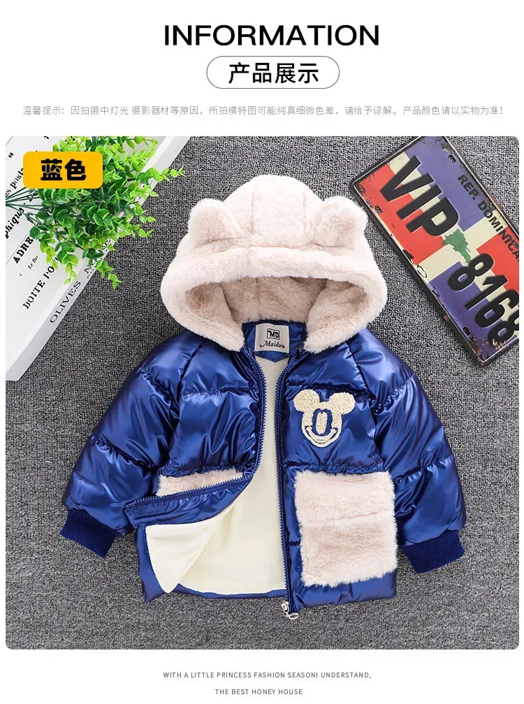 Baby Girls Boys down Jacket 2024 Winter Coats Children Clothes Mickey Mouse Hooded Windbreaker Coat for Kids Warm Plush Parka