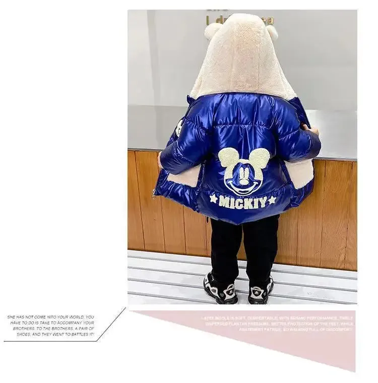 Baby Girls Boys down Jacket 2024 Winter Coats Children Clothes Mickey Mouse Hooded Windbreaker Coat for Kids Warm Plush Parka
