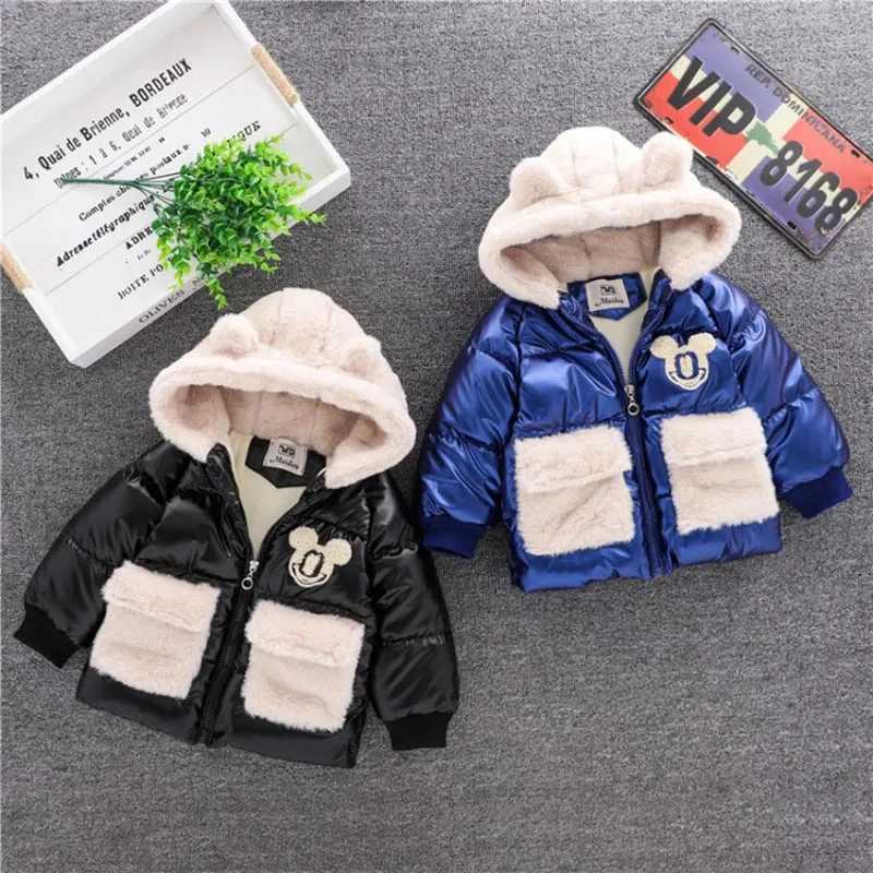 Baby Girls Boys down Jacket 2024 Winter Coats Children Clothes Mickey Mouse Hooded Windbreaker Coat for Kids Warm Plush Parka