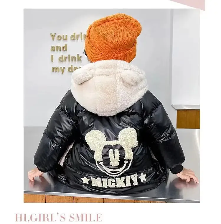 Baby Girls Boys down Jacket 2024 Winter Coats Children Clothes Mickey Mouse Hooded Windbreaker Coat for Kids Warm Plush Parka