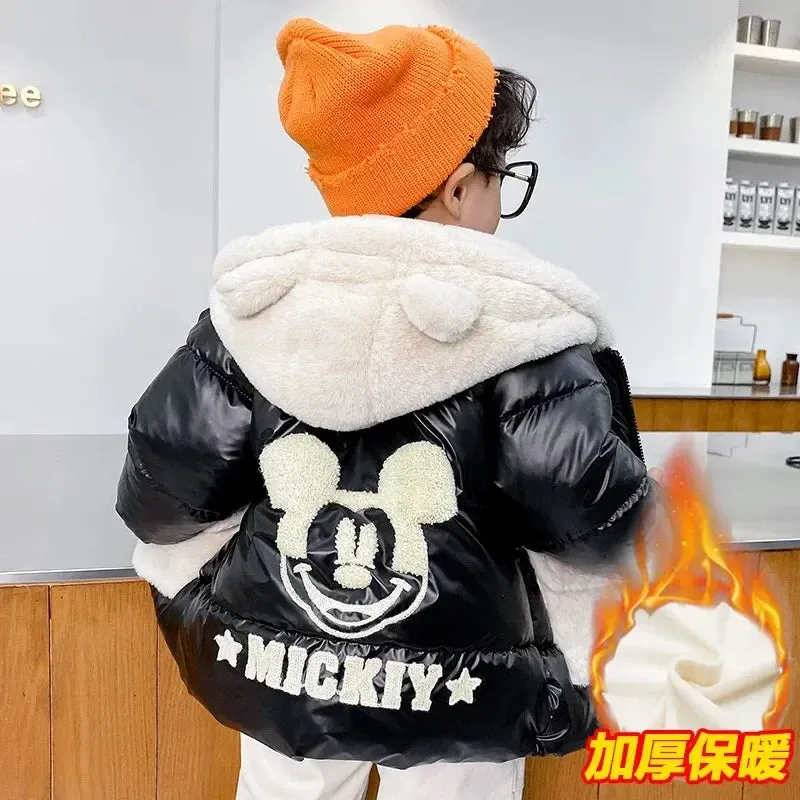 Baby Girls Boys down Jacket 2024 Winter Coats Children Clothes Mickey Mouse Hooded Windbreaker Coat for Kids Warm Plush Parka