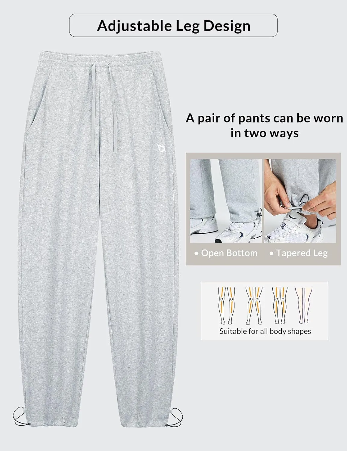 baleaf Men's Sweatpants Casual Lounge Cotton Pajama Yoga Pants Open Bottom Straight Leg Male Sweat Pants with Pockets