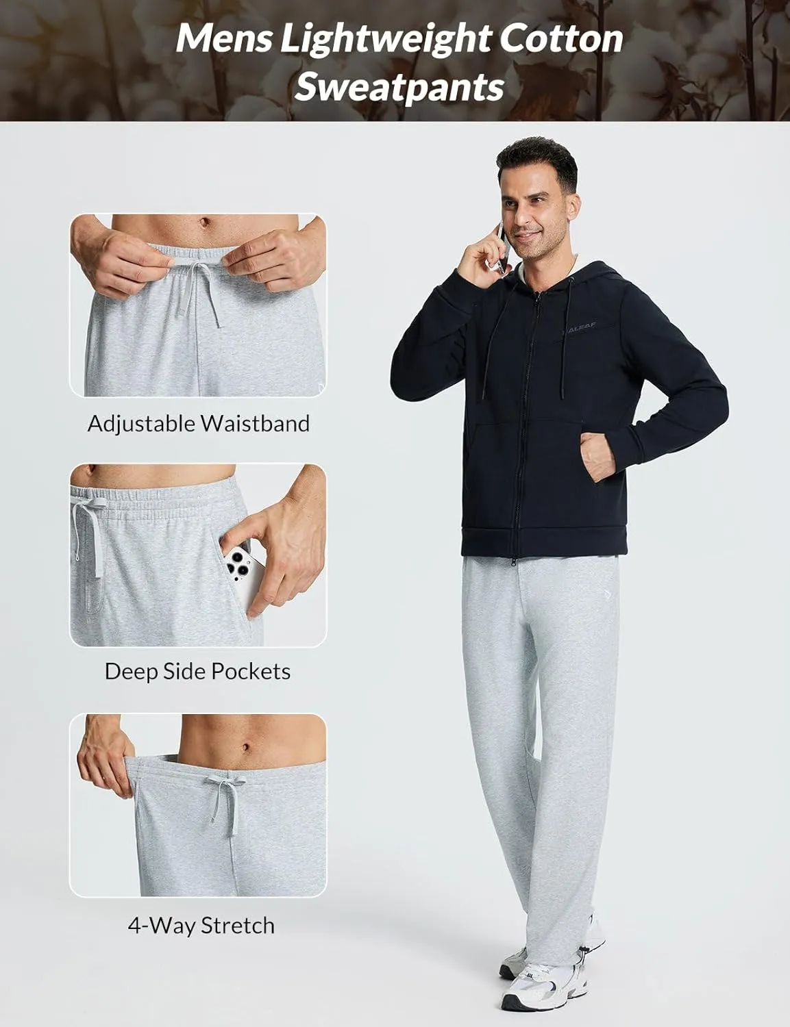 baleaf Men's Sweatpants Casual Lounge Cotton Pajama Yoga Pants Open Bottom Straight Leg Male Sweat Pants with Pockets
