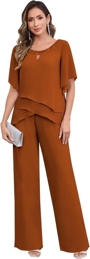 BANTRATIC 2 Pieces Mother of The Bride Pantsuits for Wedding Half Sleeve Formal Chiffon Evening Prom Cocktail Pant Outfit