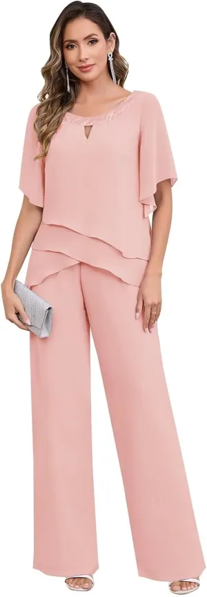 BANTRATIC 2 Pieces Mother of The Bride Pantsuits for Wedding Half Sleeve Formal Chiffon Evening Prom Cocktail Pant Outfit