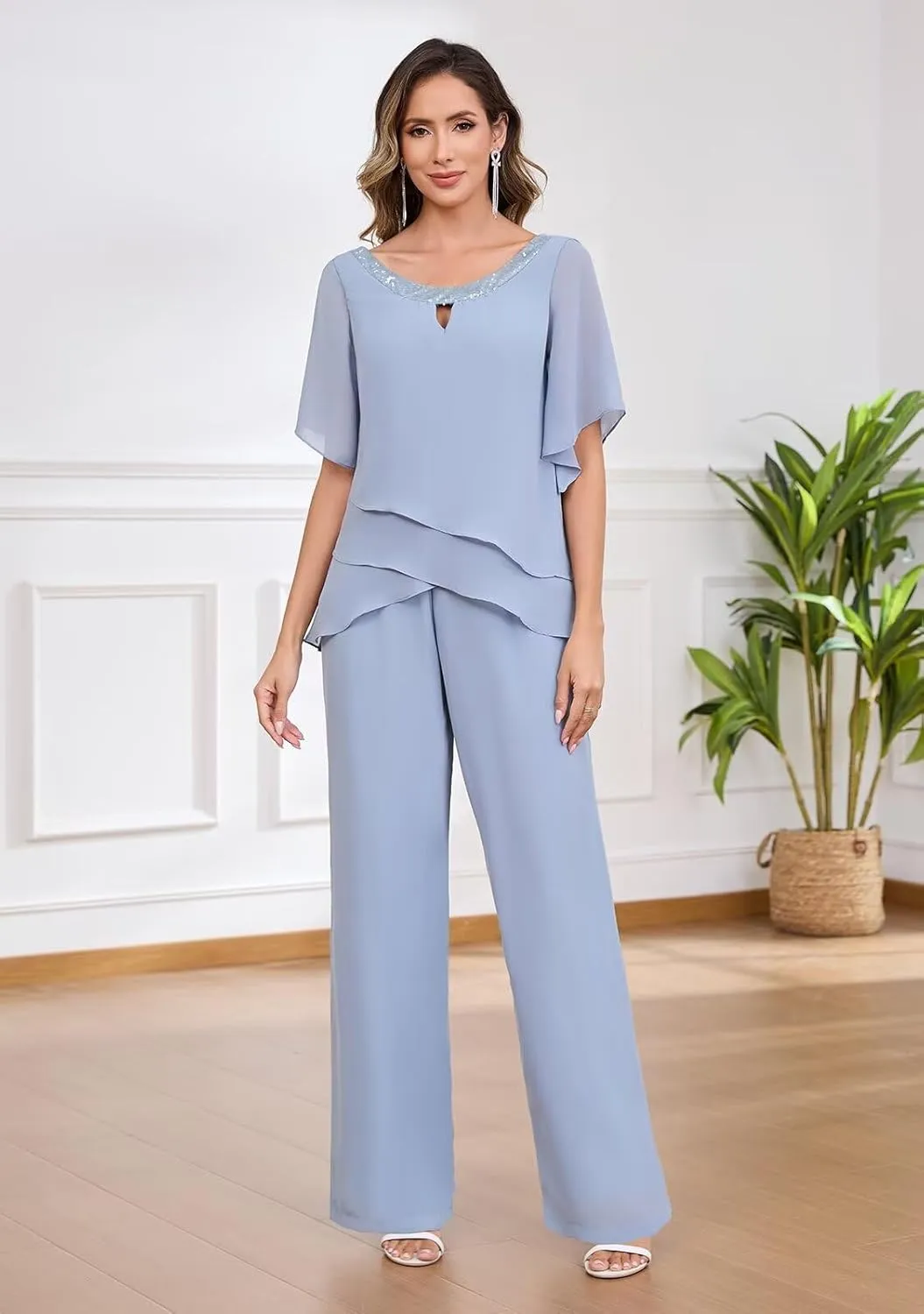 BANTRATIC 2 Pieces Mother of The Bride Pantsuits for Wedding Half Sleeve Formal Chiffon Evening Prom Cocktail Pant Outfit