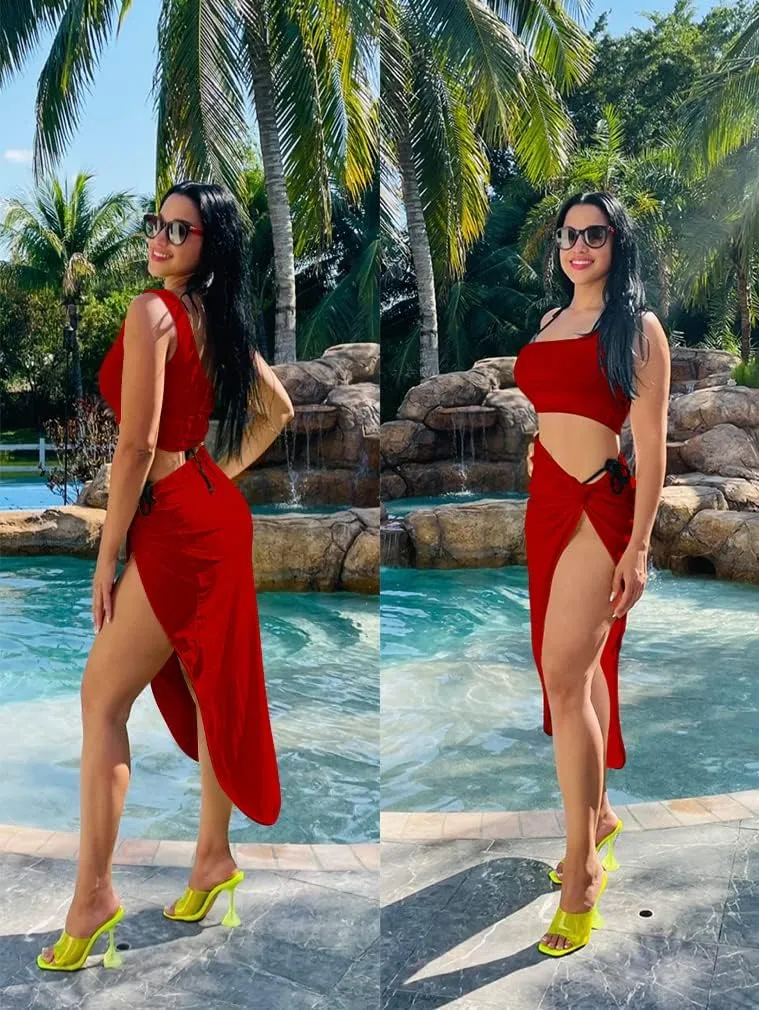 BEAGIMEG Women's Sexy One Shoulder Long Bodycon Slit Skirt 2 Pieces Dress