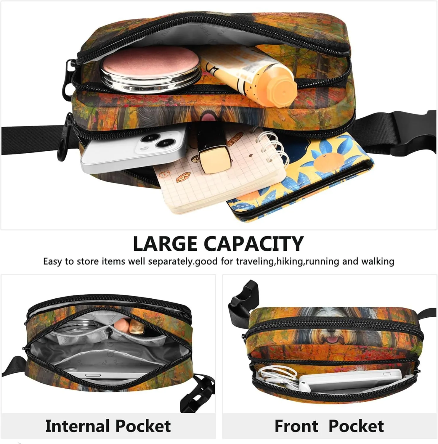 Bearded Collie Fall Leaves Park Fanny Pack for Women Waterproof Hip Bag Belt Purse Hiking Cross Body Waist Purse