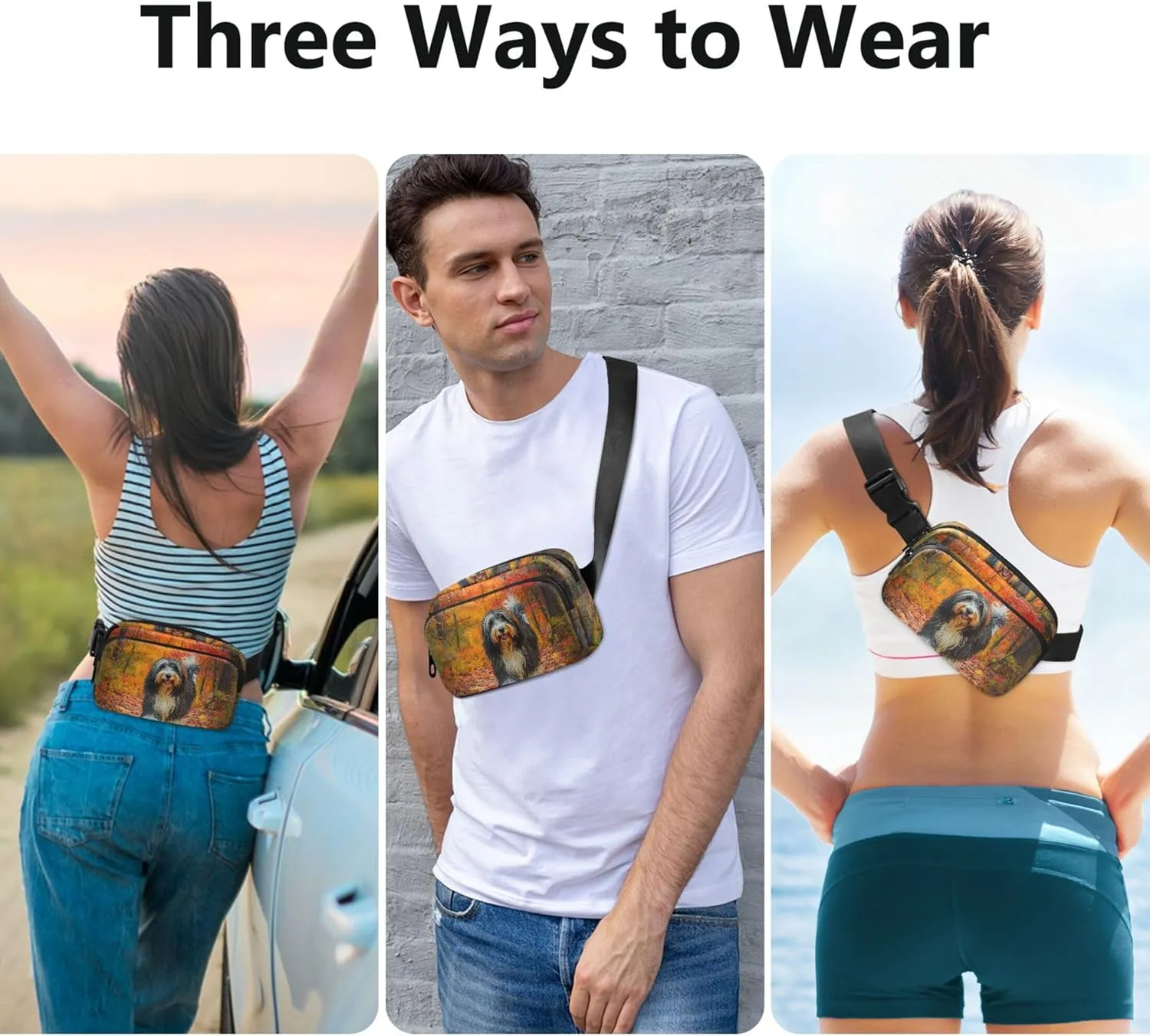 Bearded Collie Fall Leaves Park Fanny Pack for Women Waterproof Hip Bag Belt Purse Hiking Cross Body Waist Purse