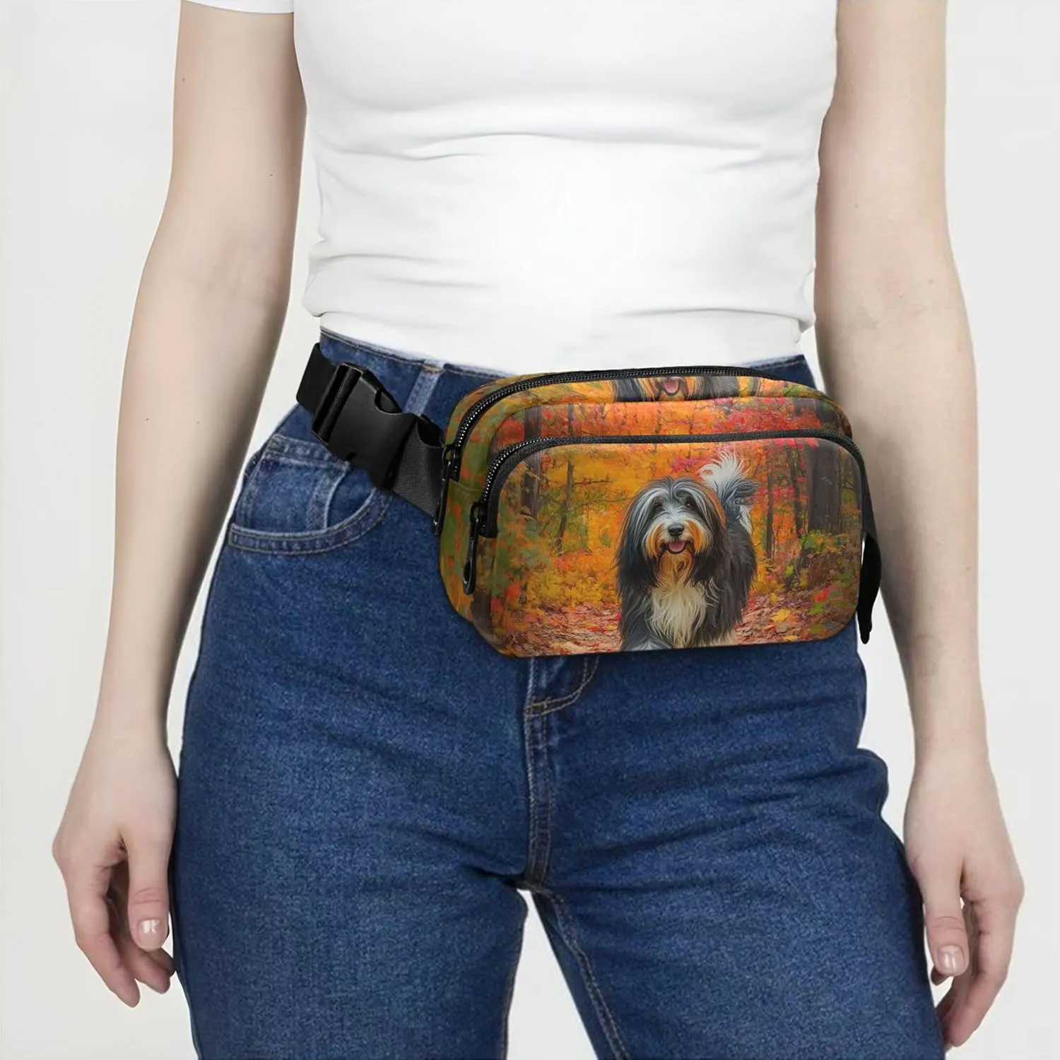 Bearded Collie Fall Leaves Park Fanny Pack for Women Waterproof Hip Bag Belt Purse Hiking Cross Body Waist Purse