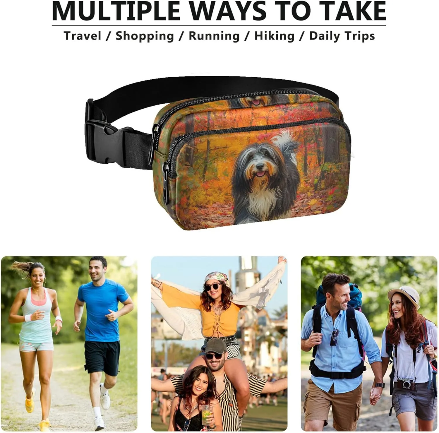 Bearded Collie Fall Leaves Park Fanny Pack for Women Waterproof Hip Bag Belt Purse Hiking Cross Body Waist Purse