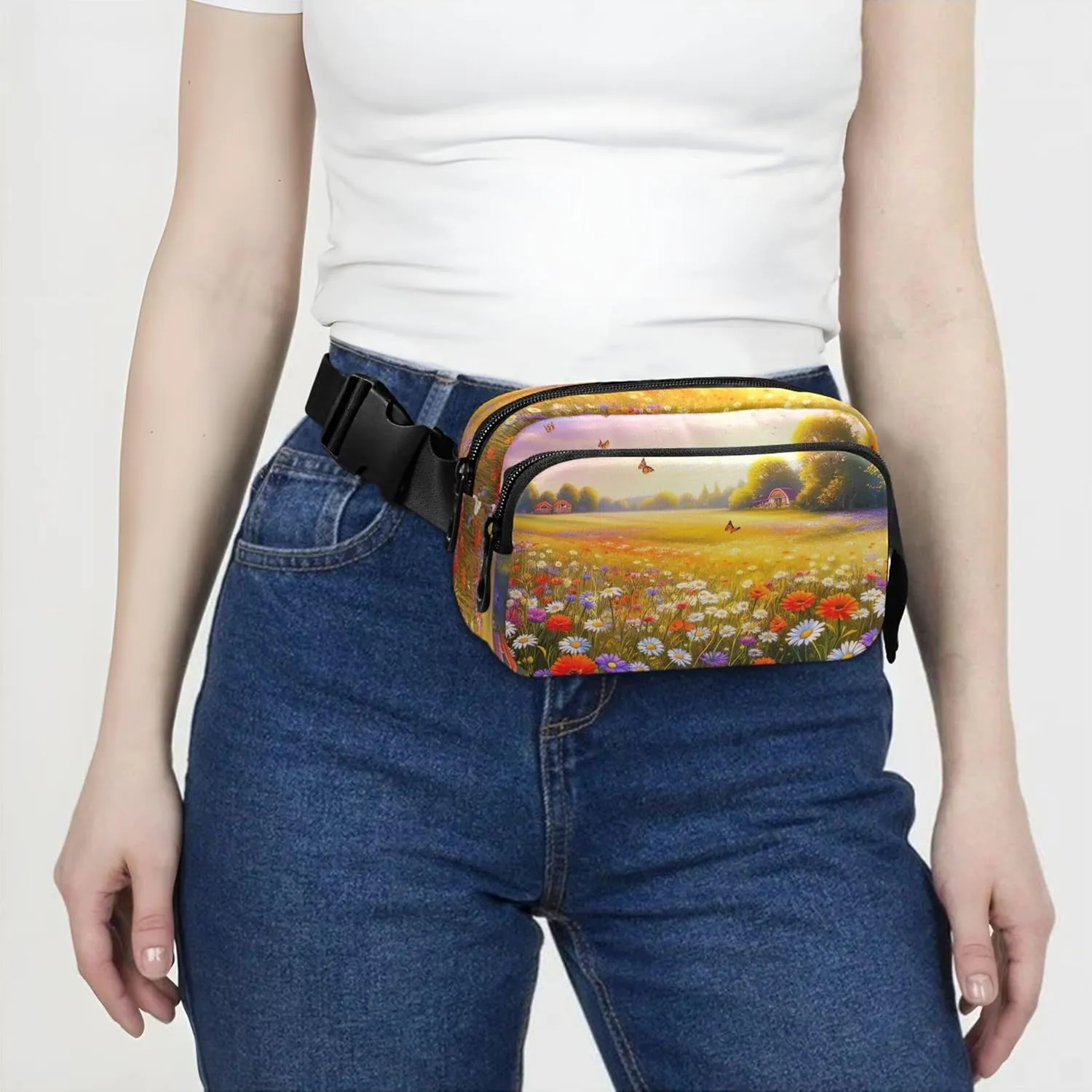 Beautiful Meadow Colorful Wildflowers Women Fanny Packs Festival Belt Bag Hip Pack Waterproof Crossbody Waist Pack