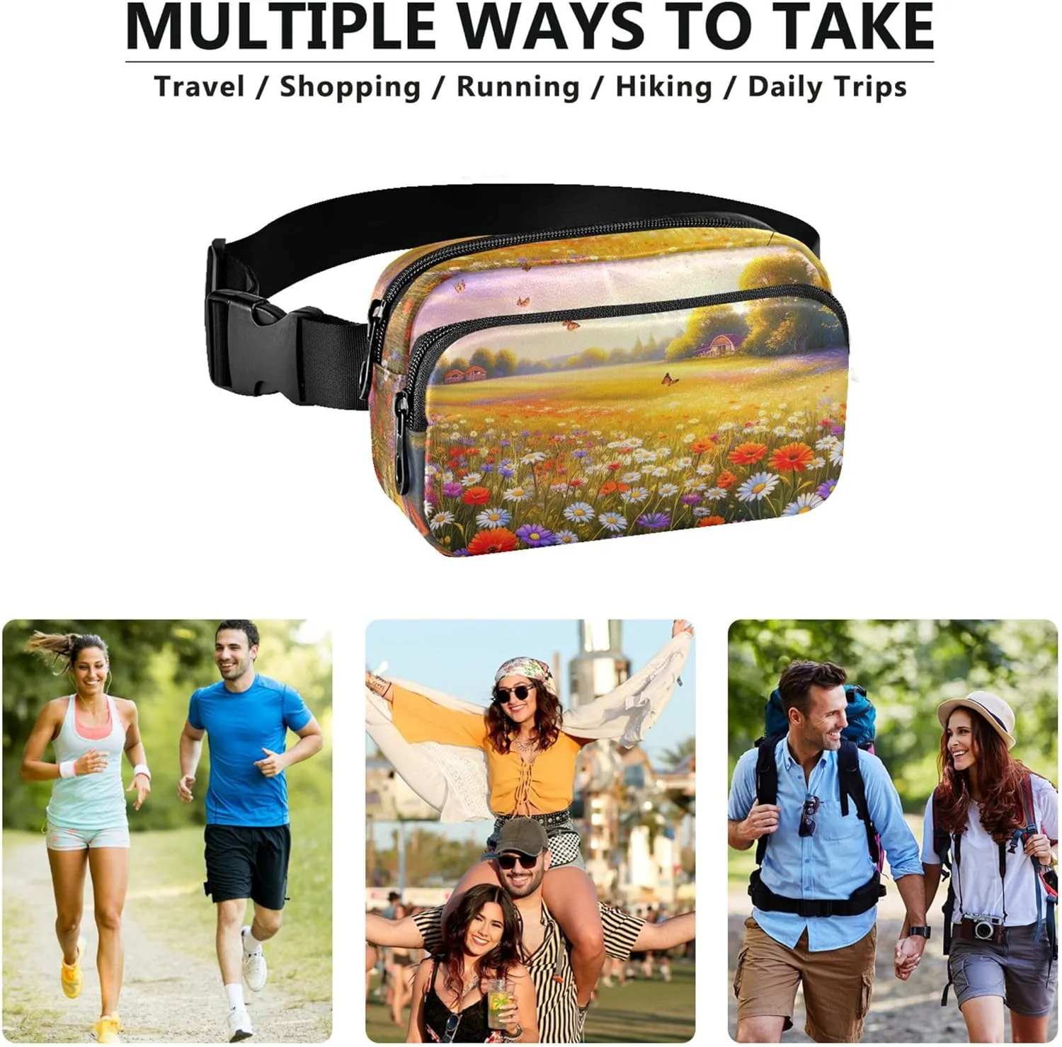 Beautiful Meadow Colorful Wildflowers Women Fanny Packs Festival Belt Bag Hip Pack Waterproof Crossbody Waist Pack
