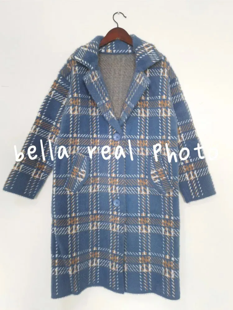 Bella Philosophy Winter Plaid Women Faux Mink Cashmere Woolen Coat Ladies Casual Turn-Down Collar Coats Female Warm Outwear