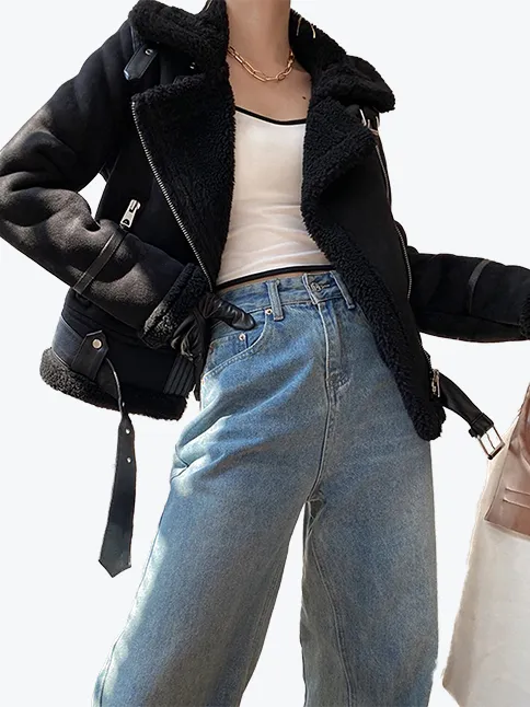 Black Wool-Lined Moto Jacket