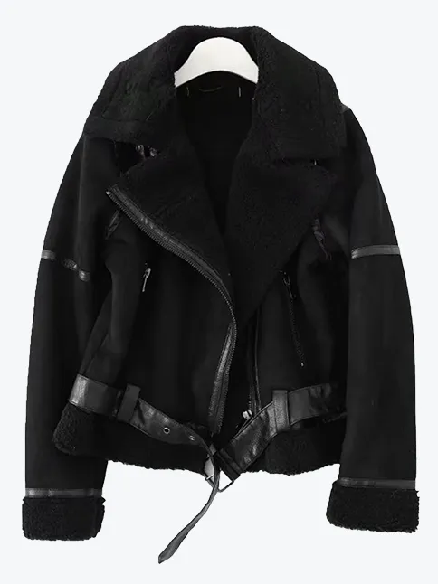 Black Wool-Lined Moto Jacket