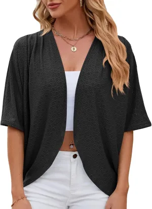 Blostirno Women's Short Sleeve Bolero Shrug Lightweight Open Front Draped V Neck Hollow Out Cardigan Tops