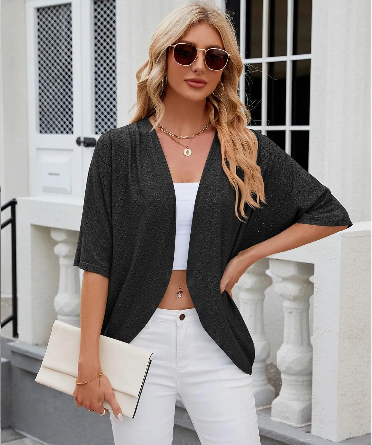 Blostirno Women's Short Sleeve Bolero Shrug Lightweight Open Front Draped V Neck Hollow Out Cardigan Tops