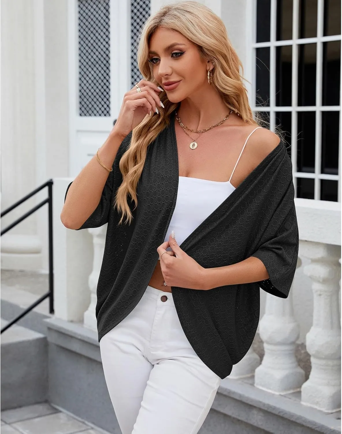 Blostirno Women's Short Sleeve Bolero Shrug Lightweight Open Front Draped V Neck Hollow Out Cardigan Tops