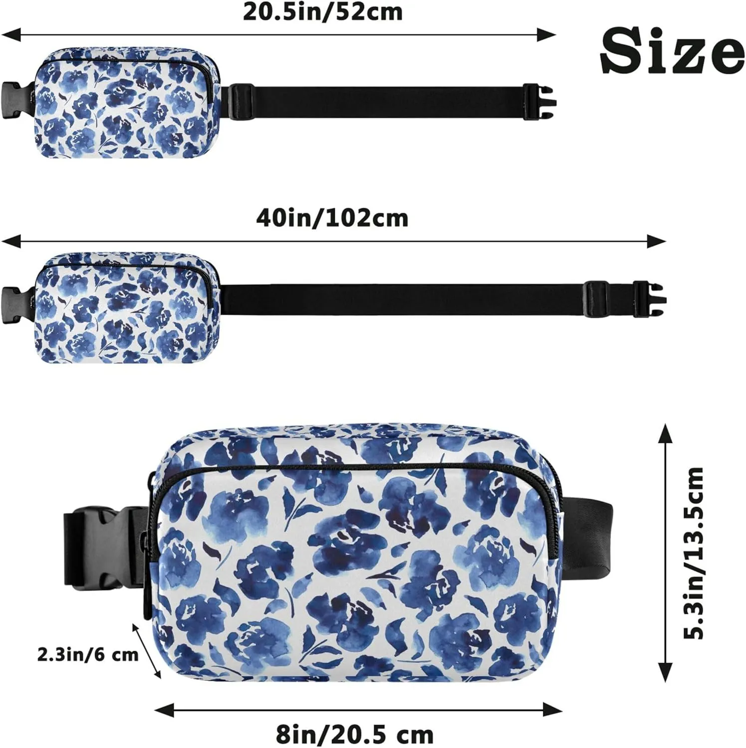 Blue Roses Watercolor Flowers Women Fanny Pack Belt Bag Hip Pouch Waterproof Flower Waist Pack for Women