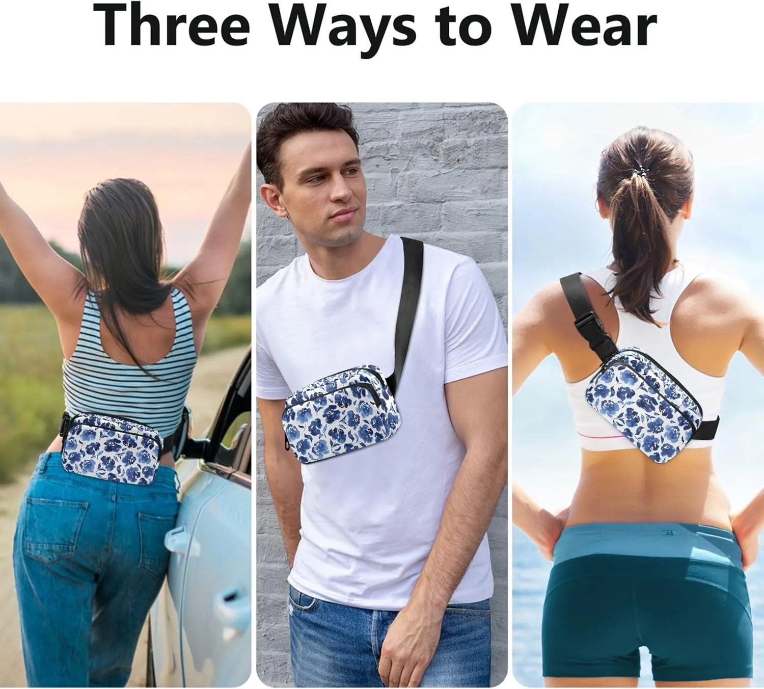 Blue Roses Watercolor Flowers Women Fanny Pack Belt Bag Hip Pouch Waterproof Flower Waist Pack for Women