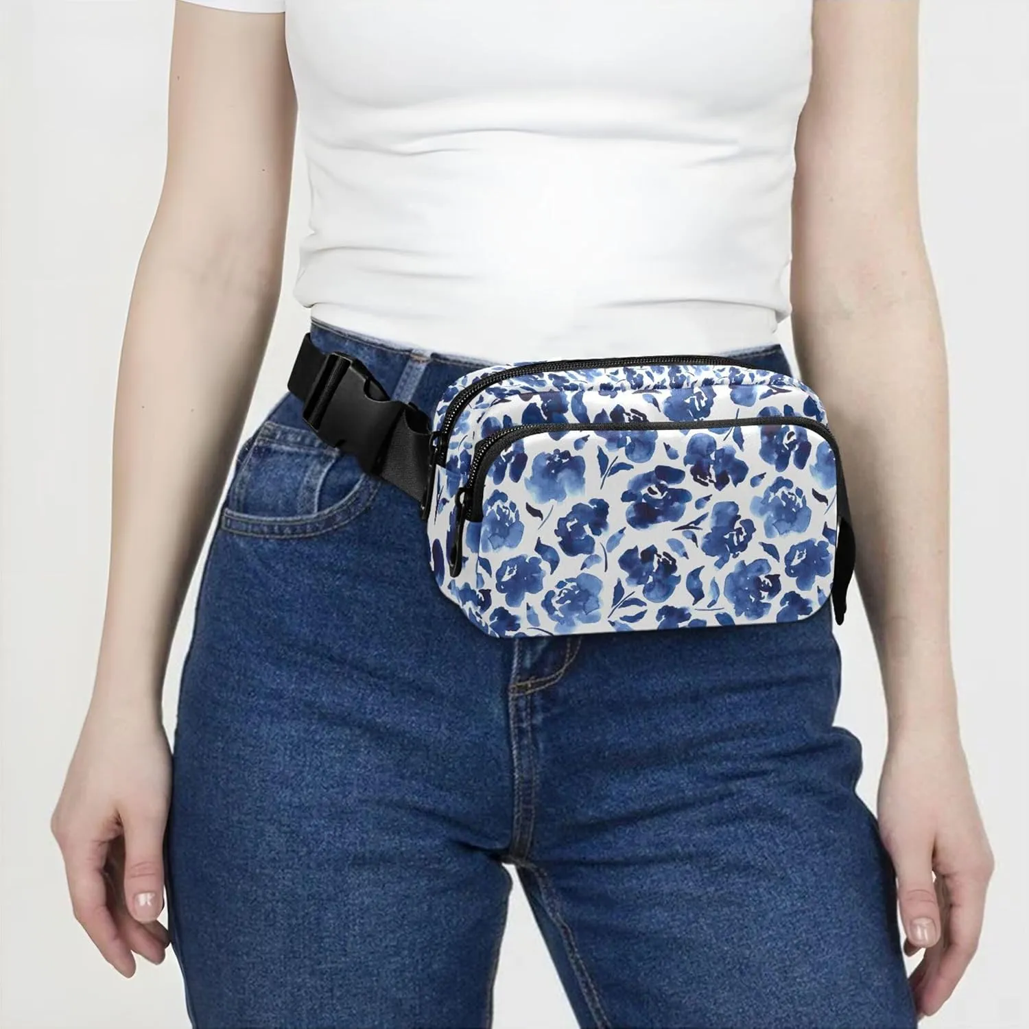 Blue Roses Watercolor Flowers Women Fanny Pack Belt Bag Hip Pouch Waterproof Flower Waist Pack for Women