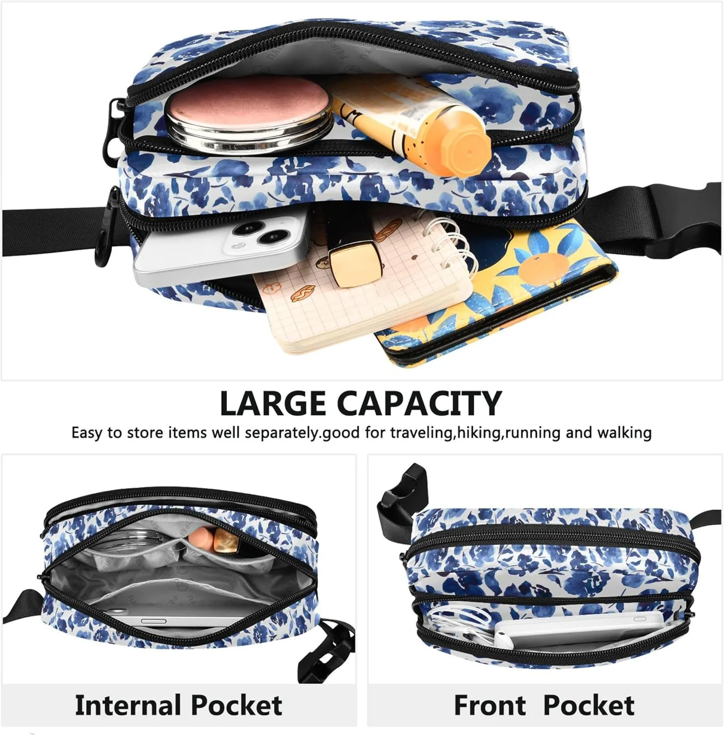 Blue Roses Watercolor Flowers Women Fanny Pack Belt Bag Hip Pouch Waterproof Flower Waist Pack for Women
