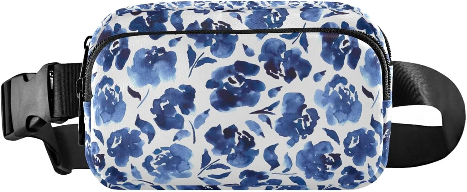 Blue Roses Watercolor Flowers Women Fanny Pack Belt Bag Hip Pouch Waterproof Flower Waist Pack for Women