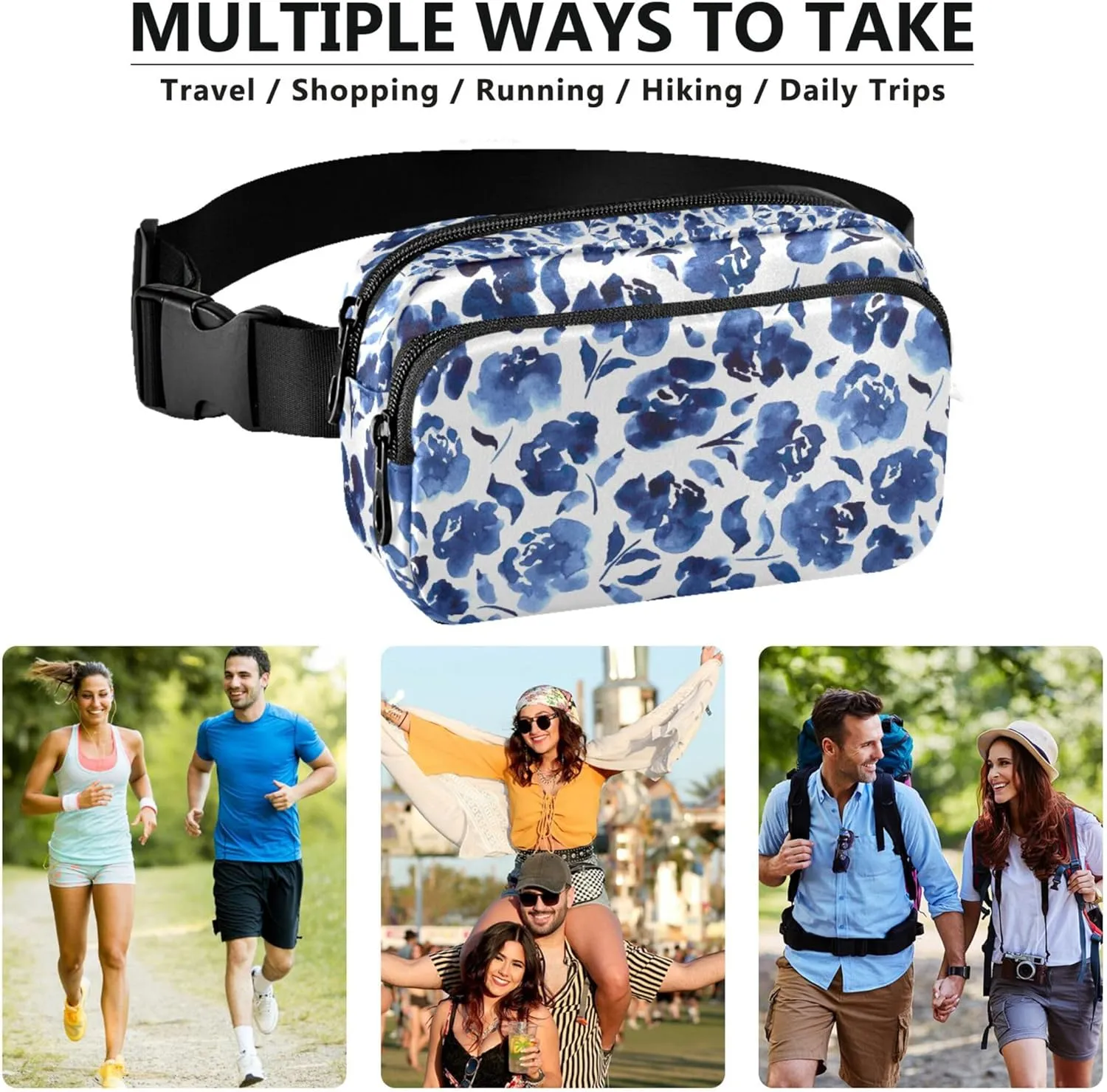 Blue Roses Watercolor Flowers Women Fanny Pack Belt Bag Hip Pouch Waterproof Flower Waist Pack for Women