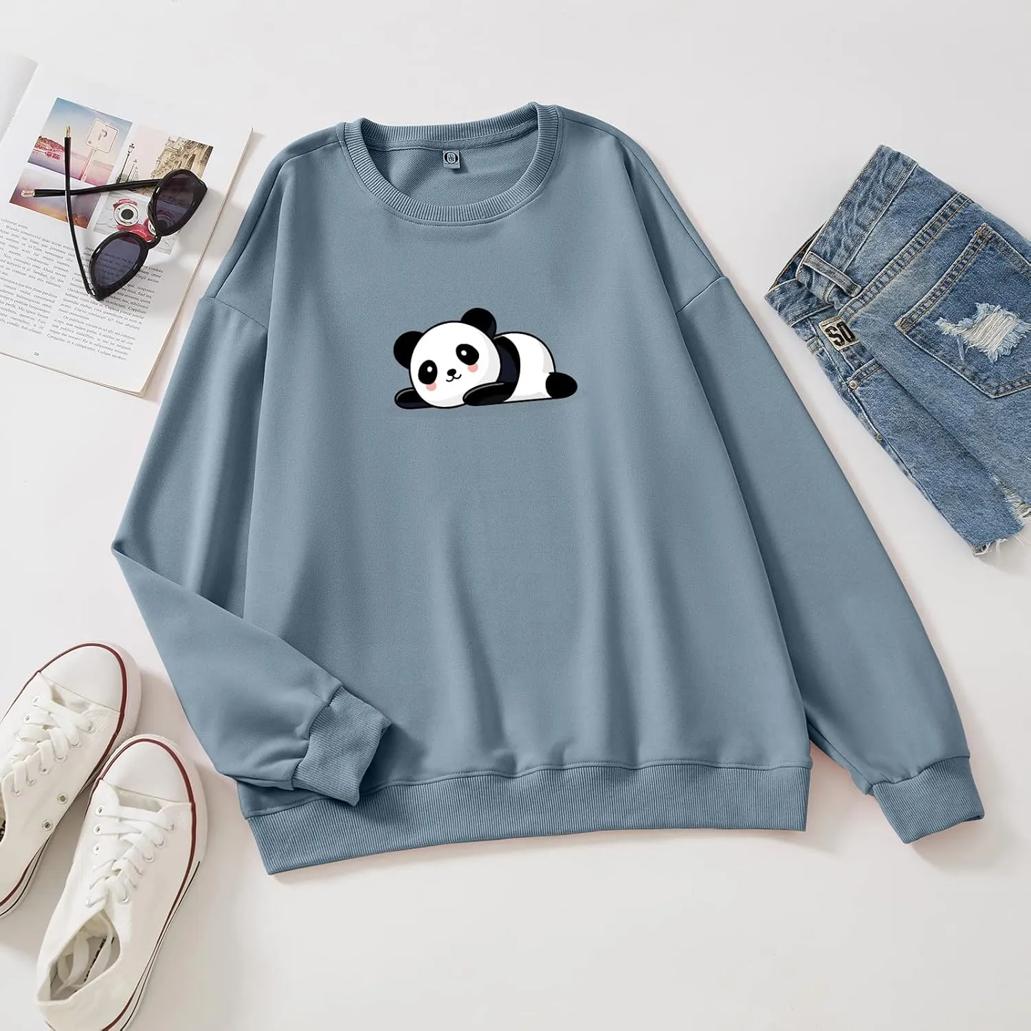 Bobeutou Cute Panda Print Crewneck Sweatshirt Women Pullove Long Sleeve Oversized Hoodie for Teen Girls Loose Y2k Kawaii Tops
