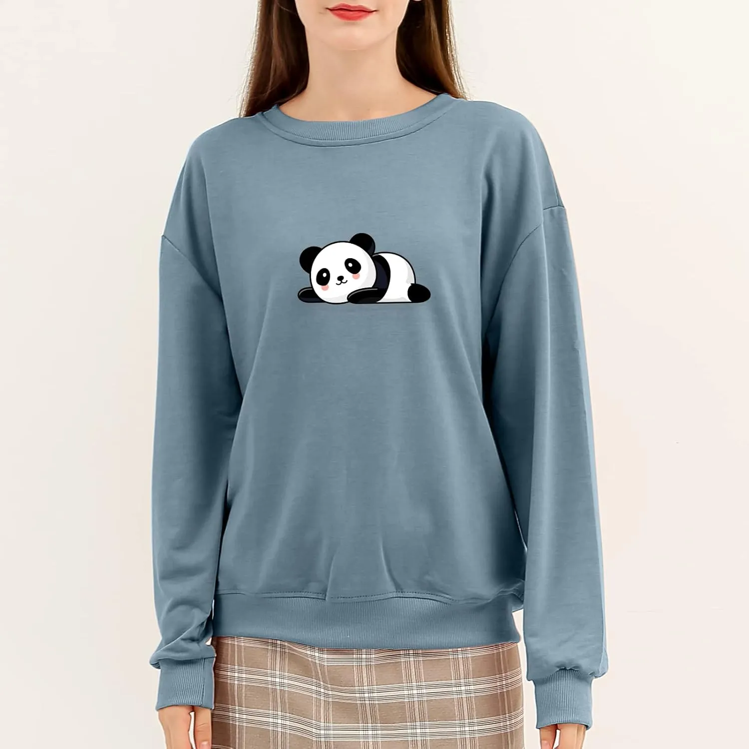 Bobeutou Cute Panda Print Crewneck Sweatshirt Women Pullove Long Sleeve Oversized Hoodie for Teen Girls Loose Y2k Kawaii Tops