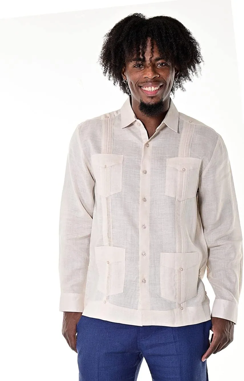 bohio Men's 100% Linen Guayabera-Traditional Cuban (4)-Pocket Long Sleeve