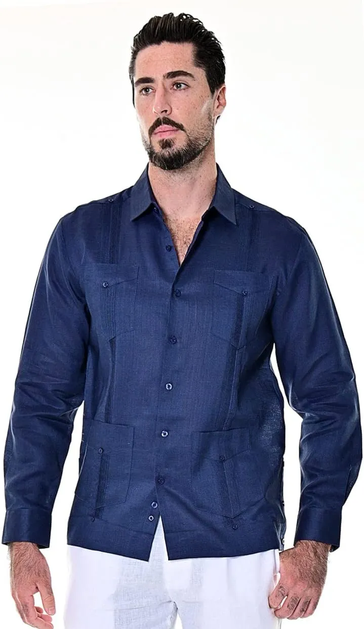 bohio Men's 100% Linen Guayabera-Traditional Cuban (4)-Pocket Long Sleeve