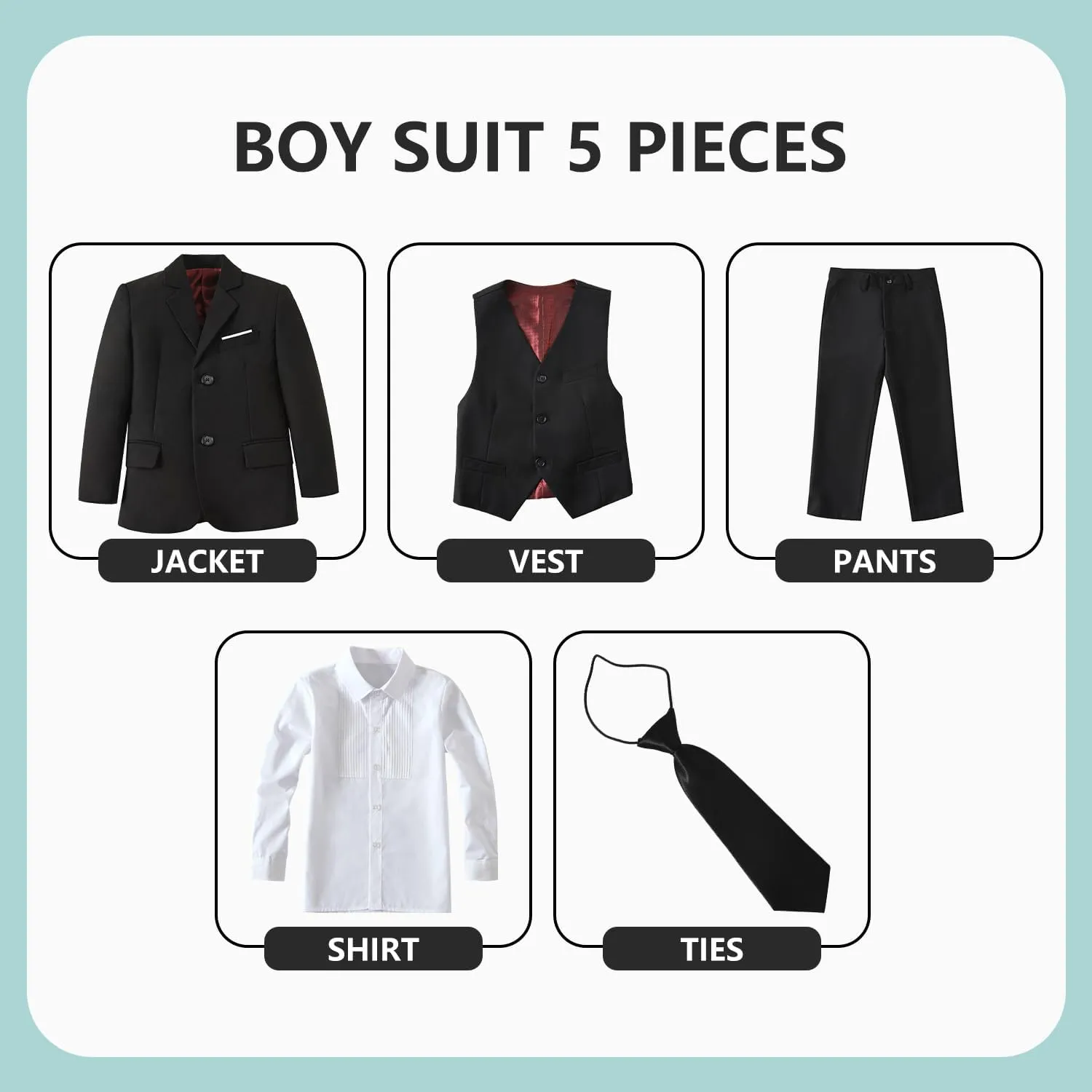 Boys' 5 Piece Formal Suit Set with Suit Jacket, Vest, Pants, Collared Dress Shirt, and Tie