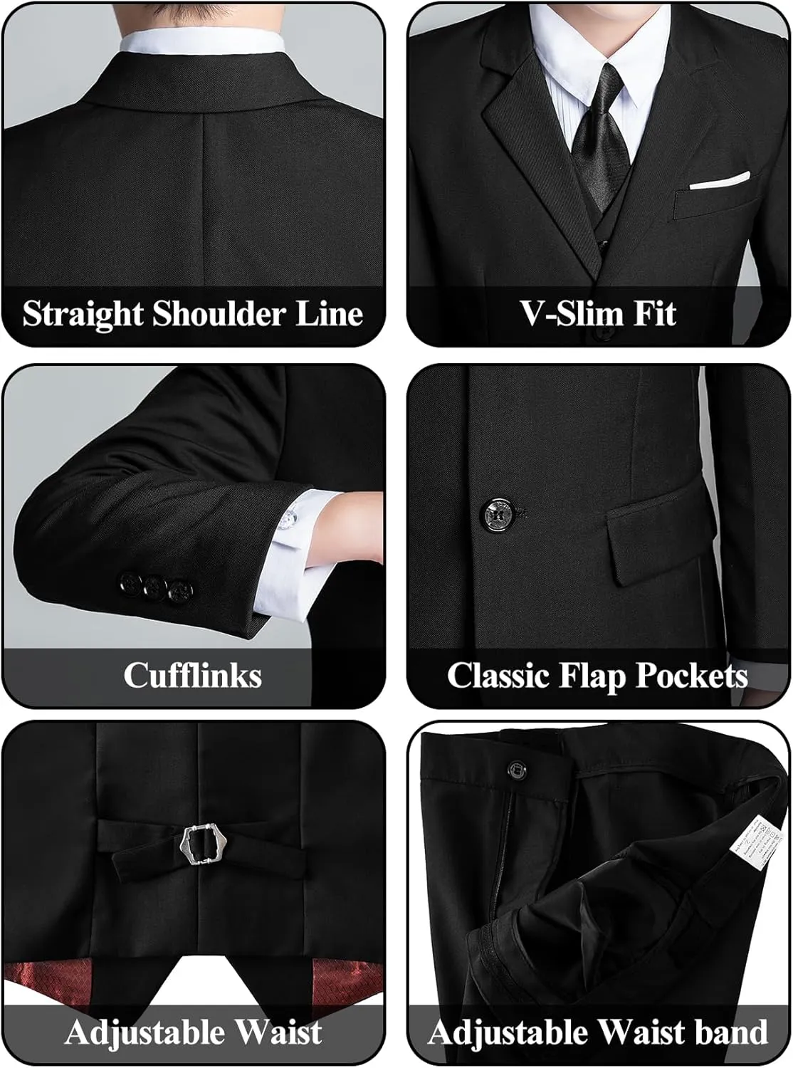Boys' 5 Piece Formal Suit Set with Suit Jacket, Vest, Pants, Collared Dress Shirt, and Tie