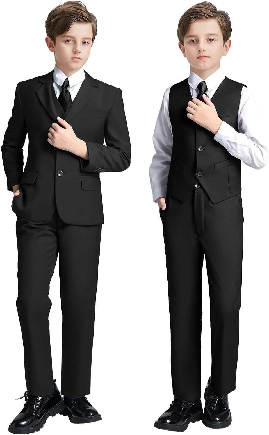 Boys' 5 Piece Formal Suit Set with Suit Jacket, Vest, Pants, Collared Dress Shirt, and Tie