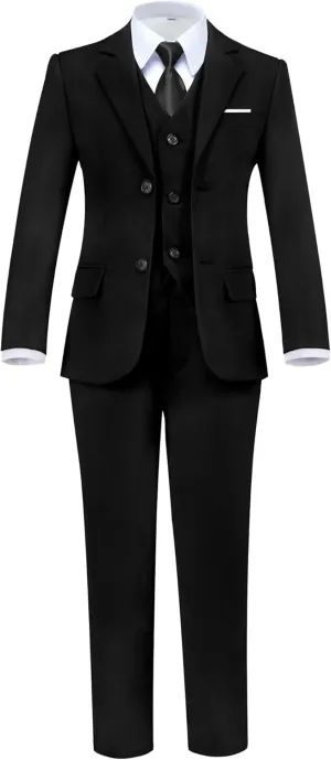 Boys' 5 Piece Formal Suit Set with Suit Jacket, Vest, Pants, Collared Dress Shirt, and Tie
