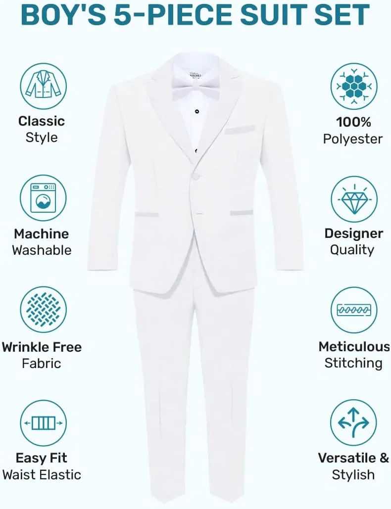 Boys' 5-Piece Tuxedo Set: Premium Formal Jacket, Pants, Shirt, Vest & Bow Tie