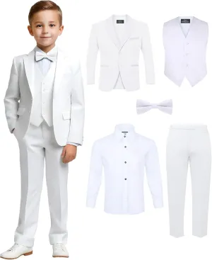 Boys' 5-Piece Tuxedo Set: Premium Formal Jacket, Pants, Shirt, Vest & Bow Tie