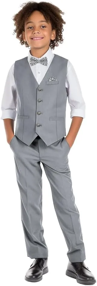 Boys' 6-Piece Formal Slim Fit Suit Set, Vest, Pants, Dress Shirt, Tie, Pocket Square, and Bow Tie