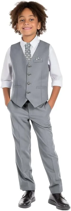 Boys' 6-Piece Formal Slim Fit Suit Set, Vest, Pants, Dress Shirt, Tie, Pocket Square, and Bow Tie