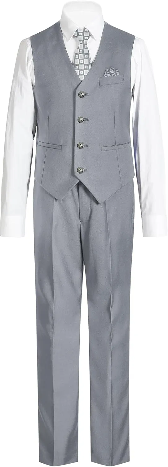 Boys' 6-Piece Formal Slim Fit Suit Set, Vest, Pants, Dress Shirt, Tie, Pocket Square, and Bow Tie