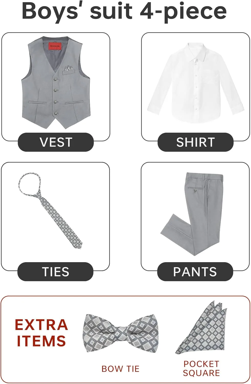 Boys' 6-Piece Formal Slim Fit Suit Set, Vest, Pants, Dress Shirt, Tie, Pocket Square, and Bow Tie