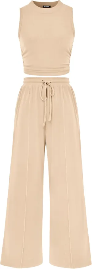 BTFBM Women Summer 2 Piece Outfits 2025 Beach Crew Neck Sleeveless Cropped Top Elastic Waist Wide Leg Pants Lounge Set