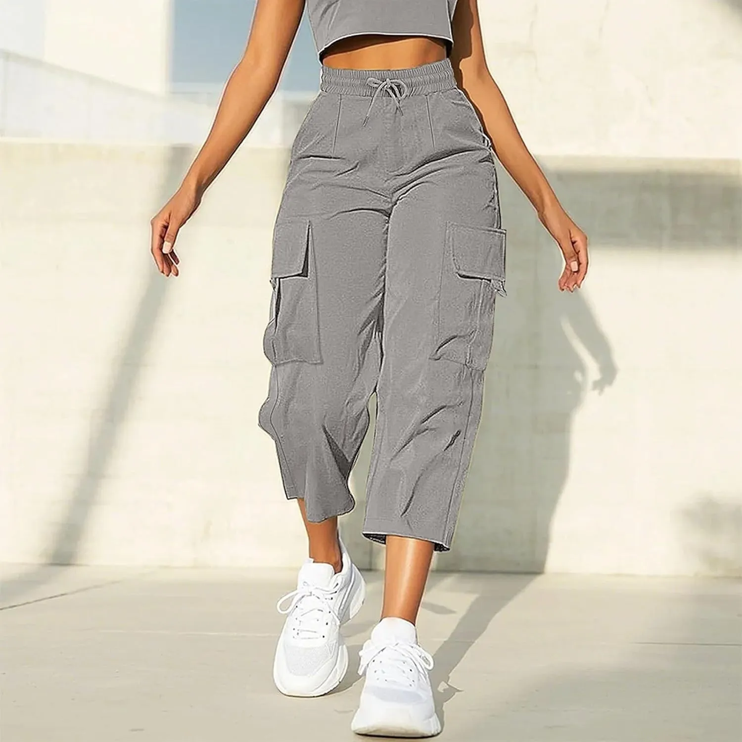 Cargo Capris for Women with Pocket Summer Mid Rise Lightweight Elastic Waist Pants Stretchy Tactical Tavel Hiking Pant