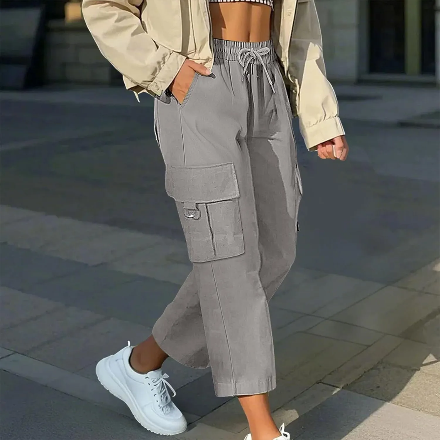 Cargo Capris for Women with Pocket Summer Mid Rise Lightweight Elastic Waist Pants Stretchy Tactical Tavel Hiking Pant