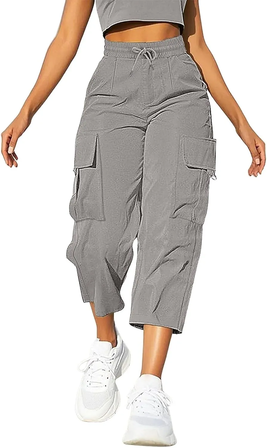 Cargo Capris for Women with Pocket Summer Mid Rise Lightweight Elastic Waist Pants Stretchy Tactical Tavel Hiking Pant
