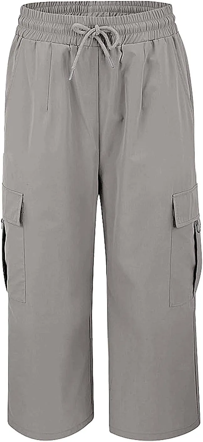 Cargo Capris for Women with Pocket Summer Mid Rise Lightweight Elastic Waist Pants Stretchy Tactical Tavel Hiking Pant
