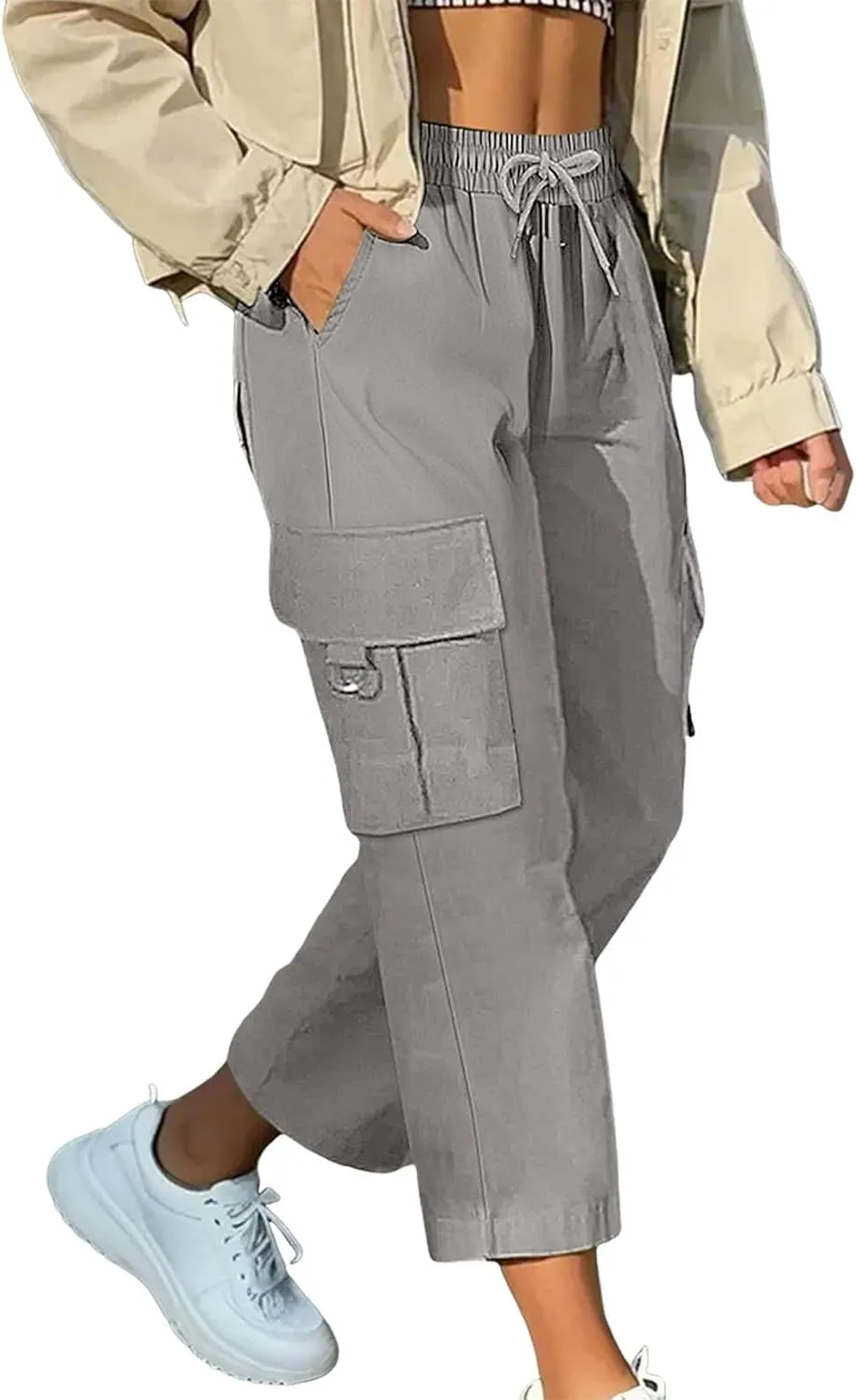 Cargo Capris for Women with Pocket Summer Mid Rise Lightweight Elastic Waist Pants Stretchy Tactical Tavel Hiking Pant