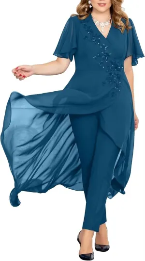 Chiffon Beaded Pantsuits for Women 2 Pieces Mother of The Bride Dresses V Neck Pant Suits for Weeding